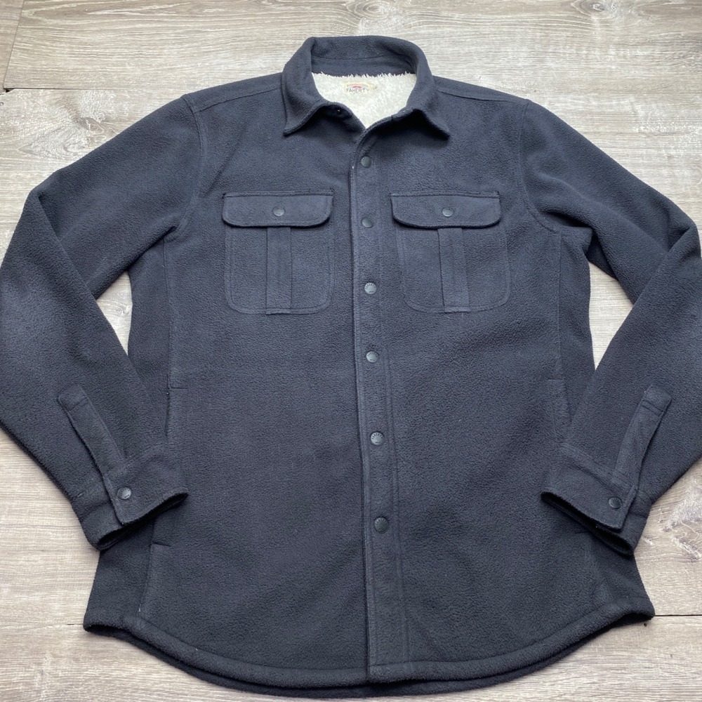 Faherty Shirt Jacket Mens Small Navy Blue Fleece Sherpa Lined Snap Front Coat